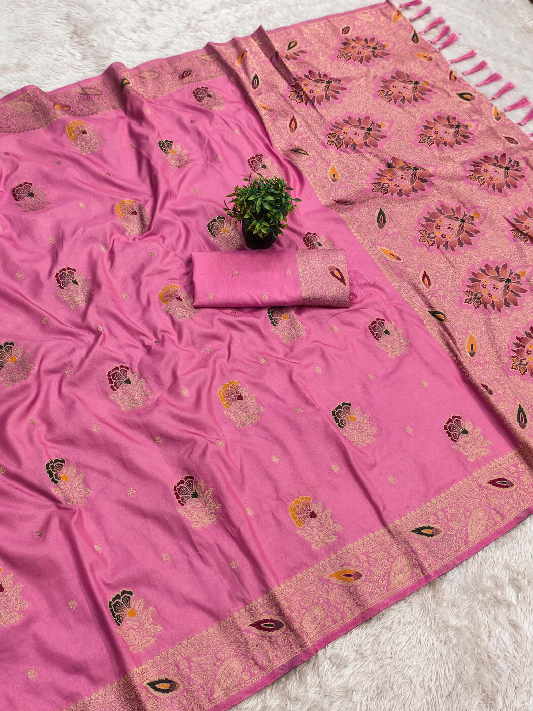 Majestic Pink Viscose Dola Silk Saree With Dalliance Blouse Piece
