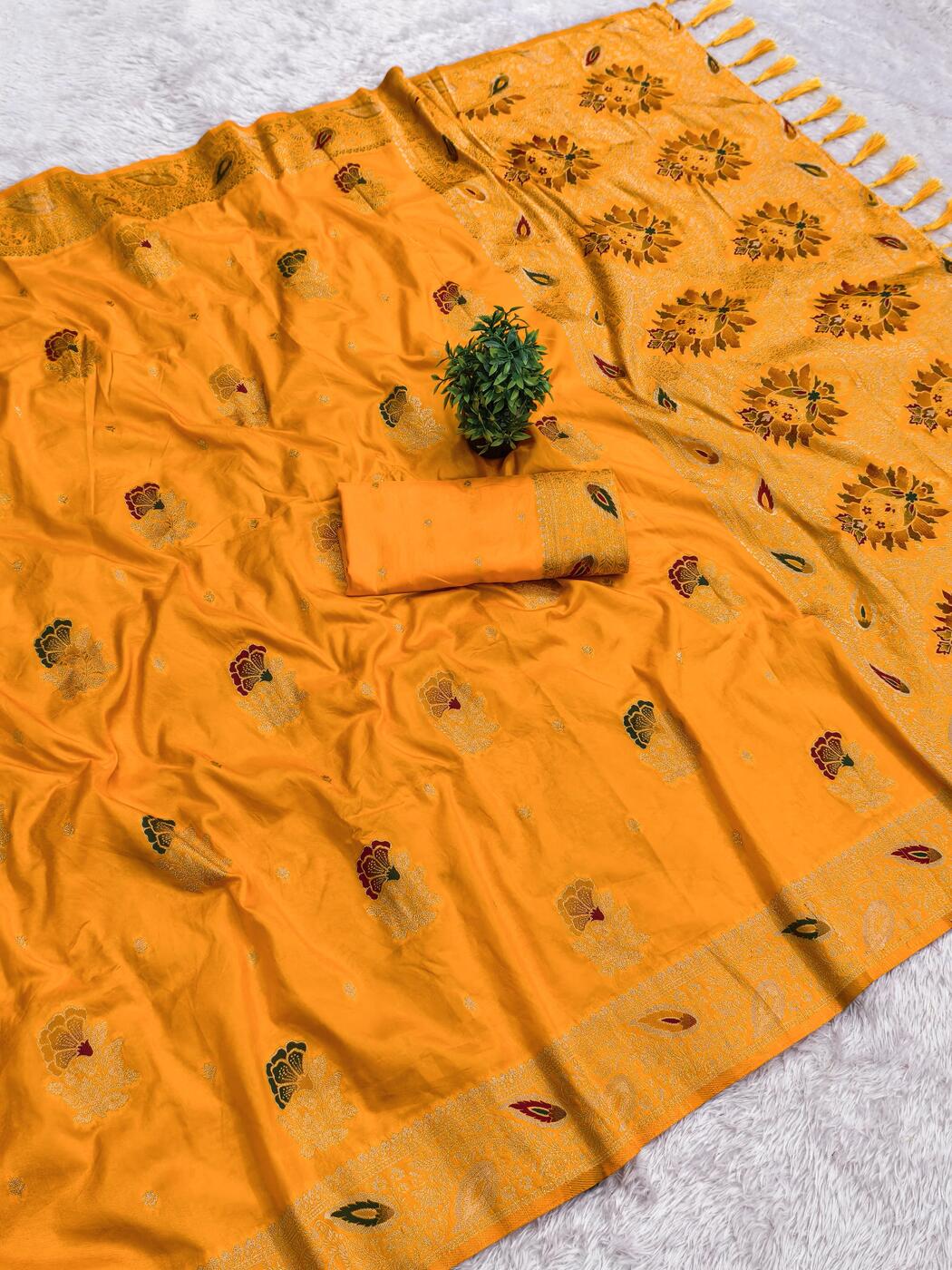 Outstanding Yellow Viscose Dola Silk Saree With Aplomb Blouse Piece