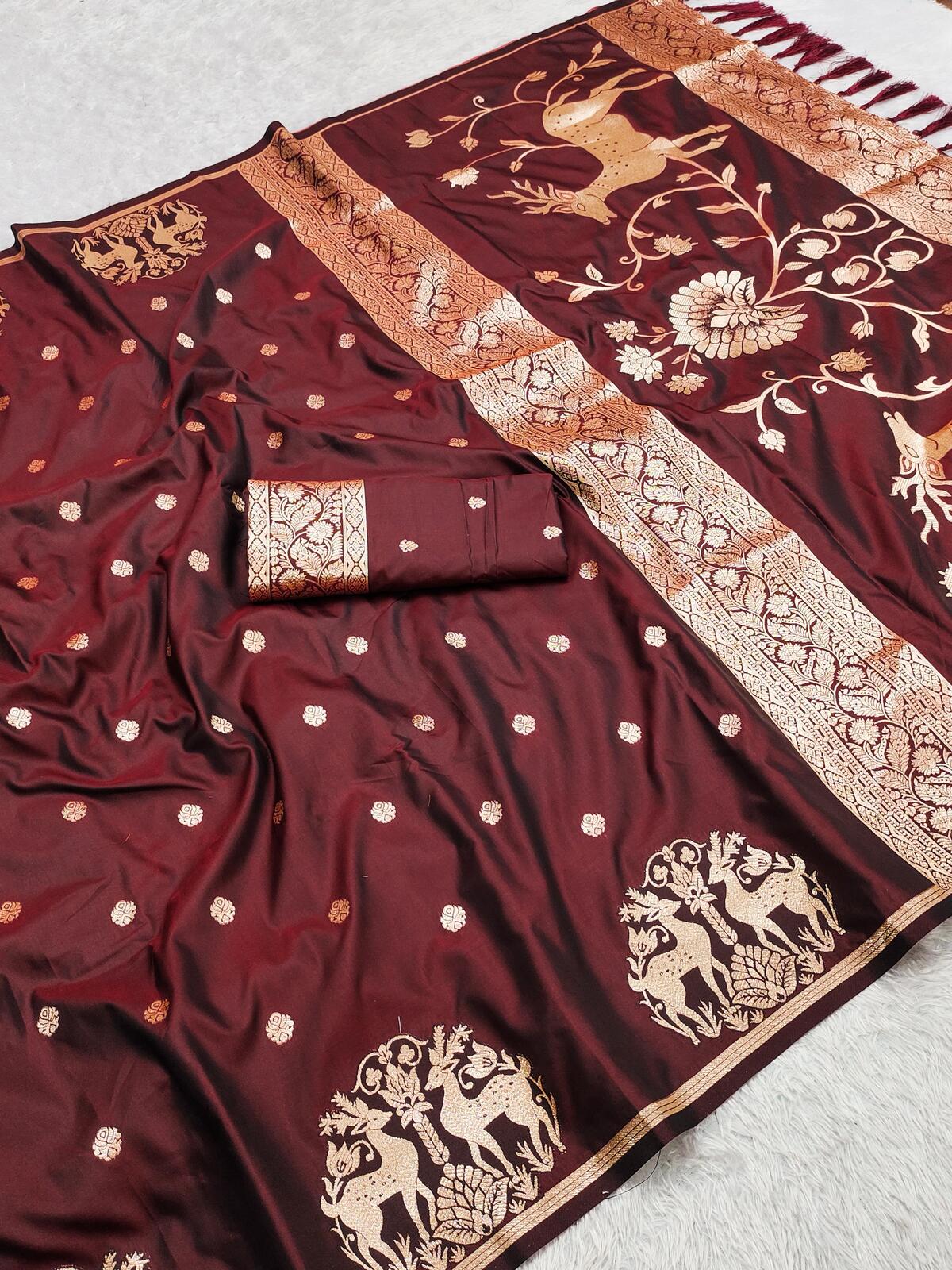 Seraphic Brown Pure Zari Weaving Banarasi Silk Saree With Ineffable Blouse Piece