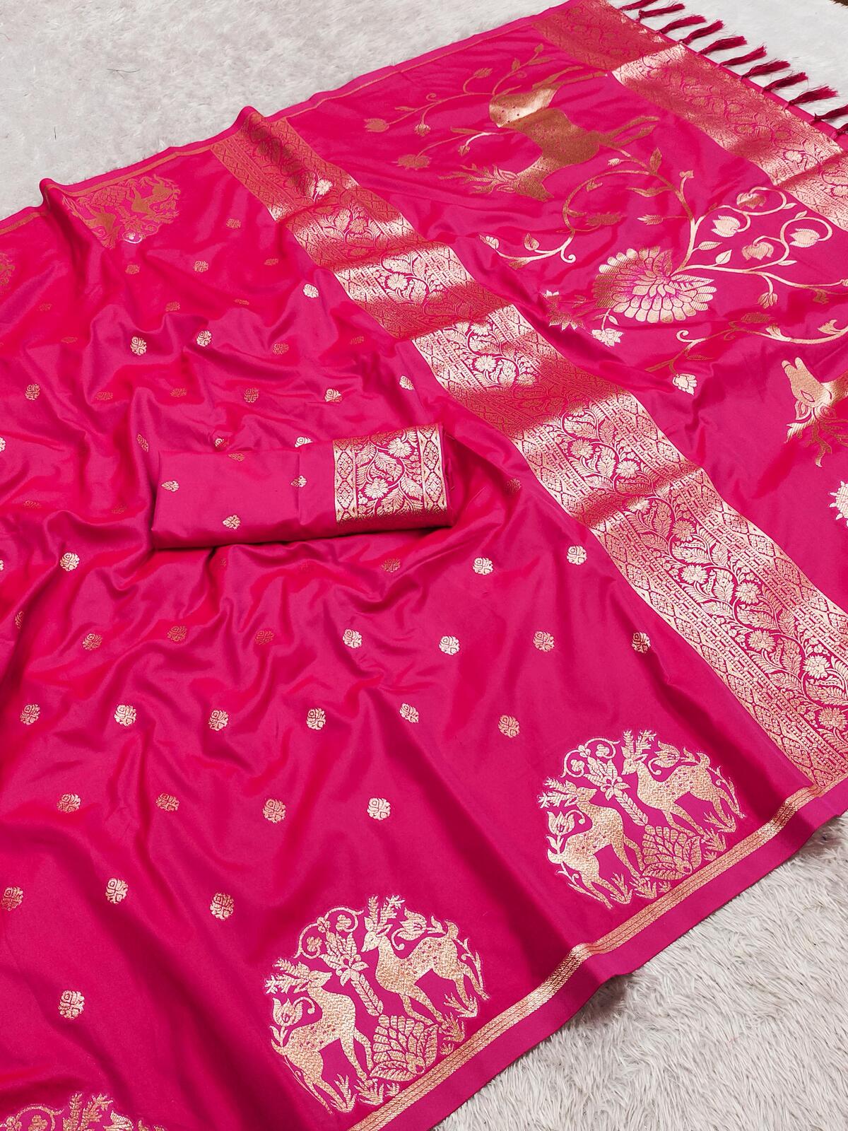 Preferable Dark Pink Pure Zari Weaving Banarasi Silk Saree With Ethereal Blouse Piece