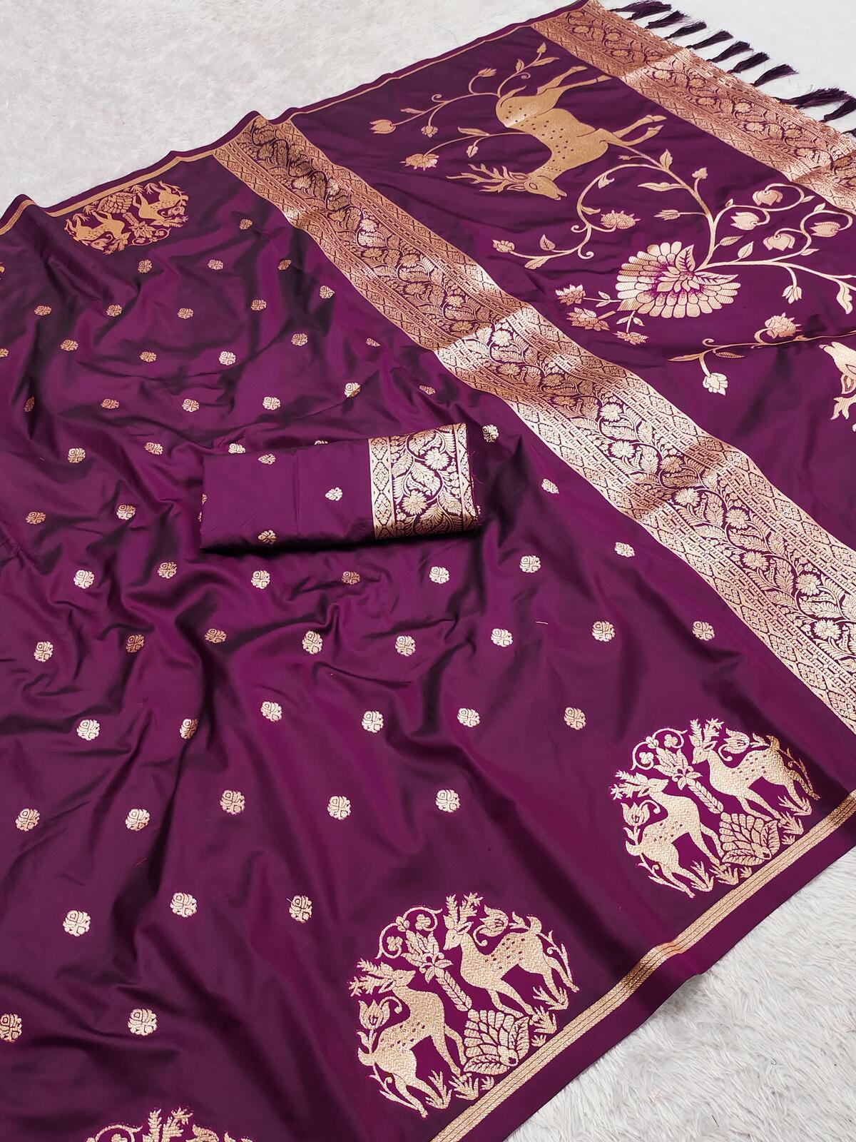 Glamorous Wine Pure Zari Weaving Banarasi Silk Saree With Flattering Blouse Piece
