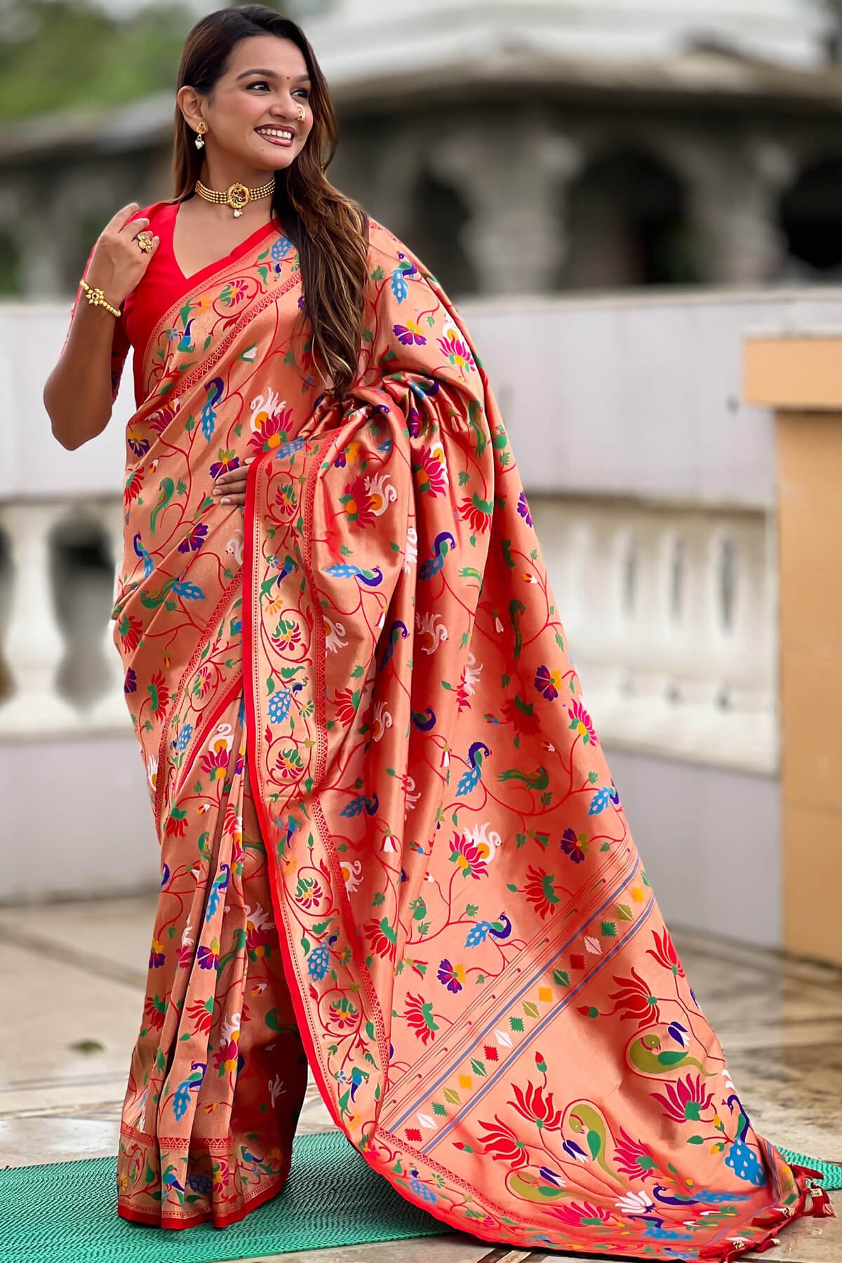 Elision Red Paithani Silk Saree With Lovely Blouse Piece