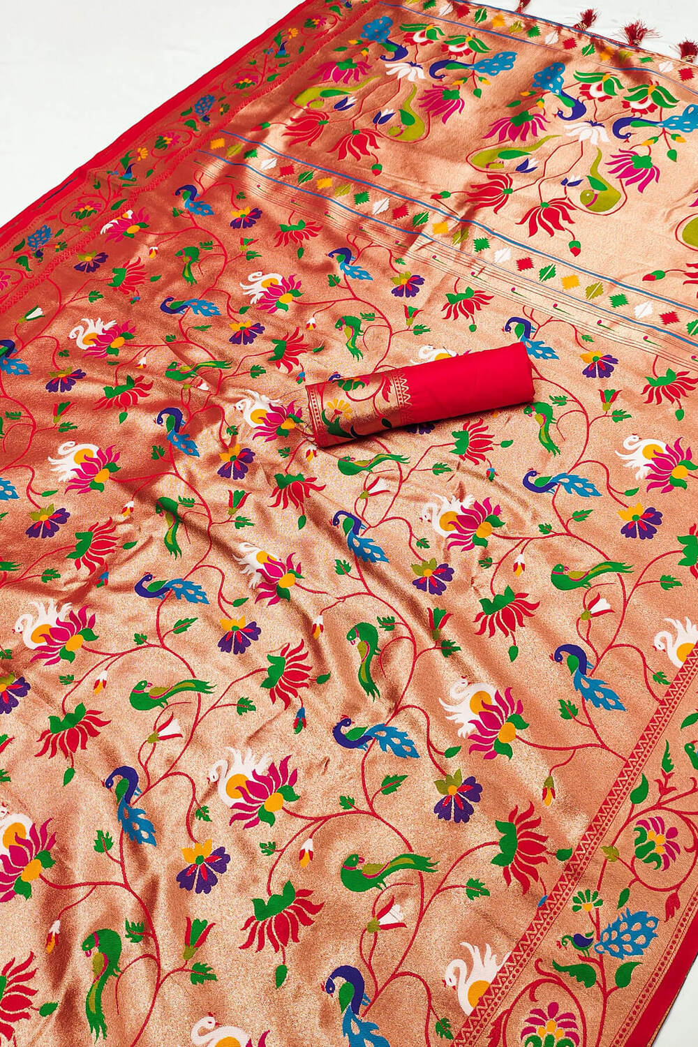 Elision Red Paithani Silk Saree With Lovely Blouse Piece