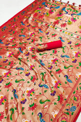 Elision Red Paithani Silk Saree With Lovely Blouse Piece