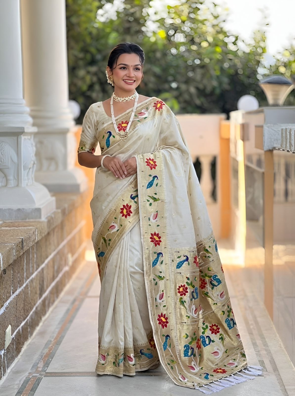 Engrossing Beige Paithani Silk Saree With Inspiring Blouse Piece