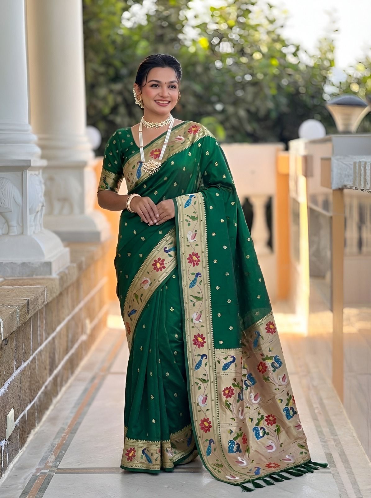Bucolic Dark Green Paithani Silk Saree With Appealing Blouse Piece