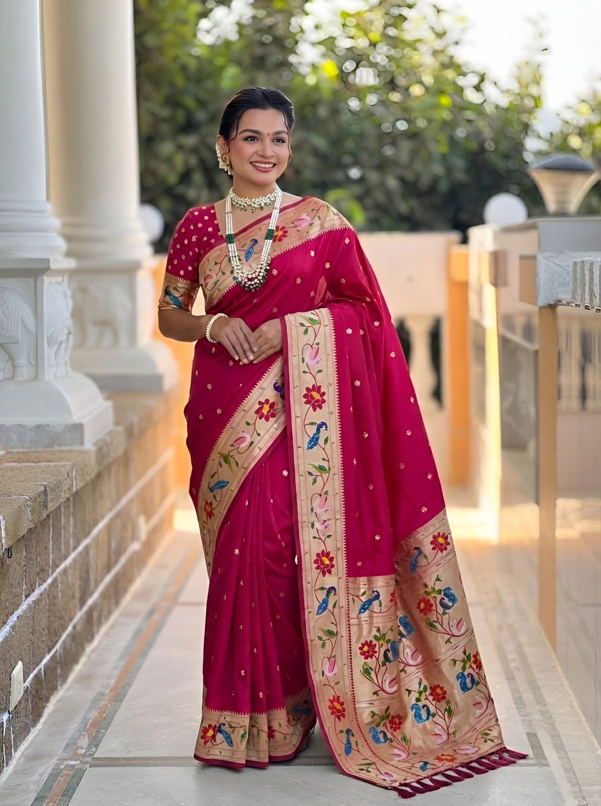 Flattering Dark Pink Paithani Silk Saree With Embrocation Blouse Piece