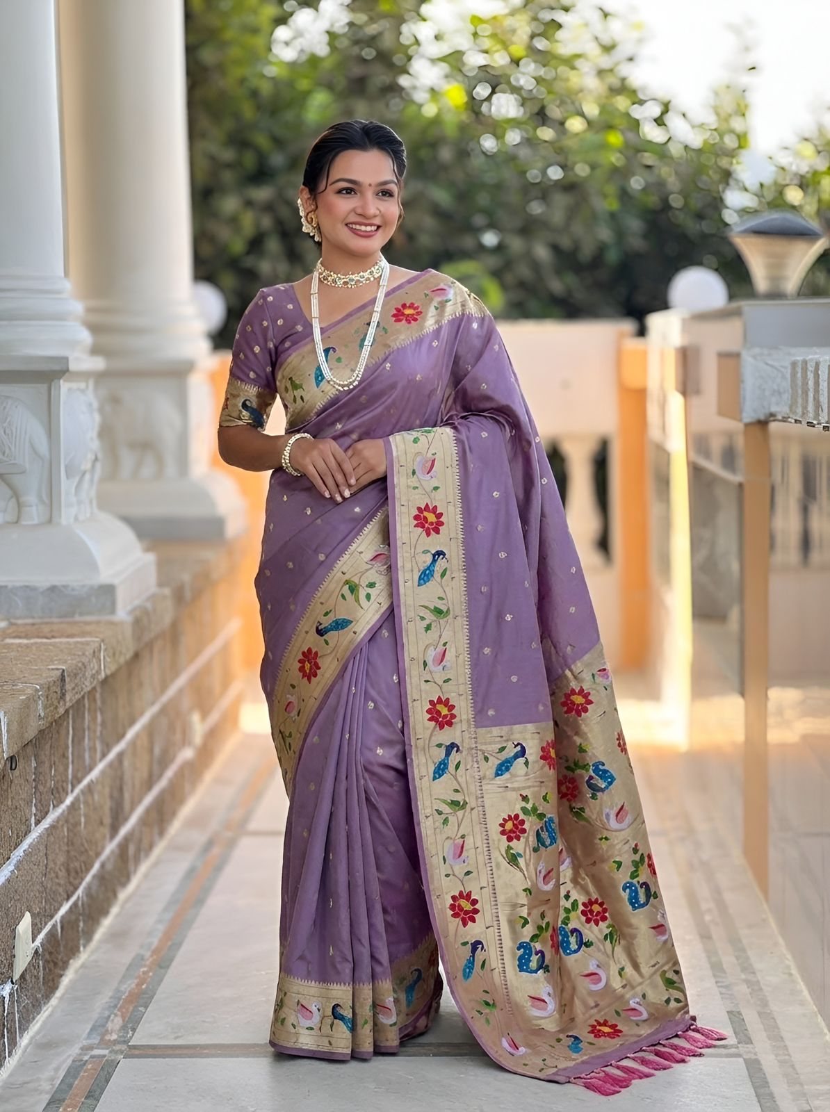 Extraordinary Lavender Paithani Silk Saree With Dissemble Blouse Piece