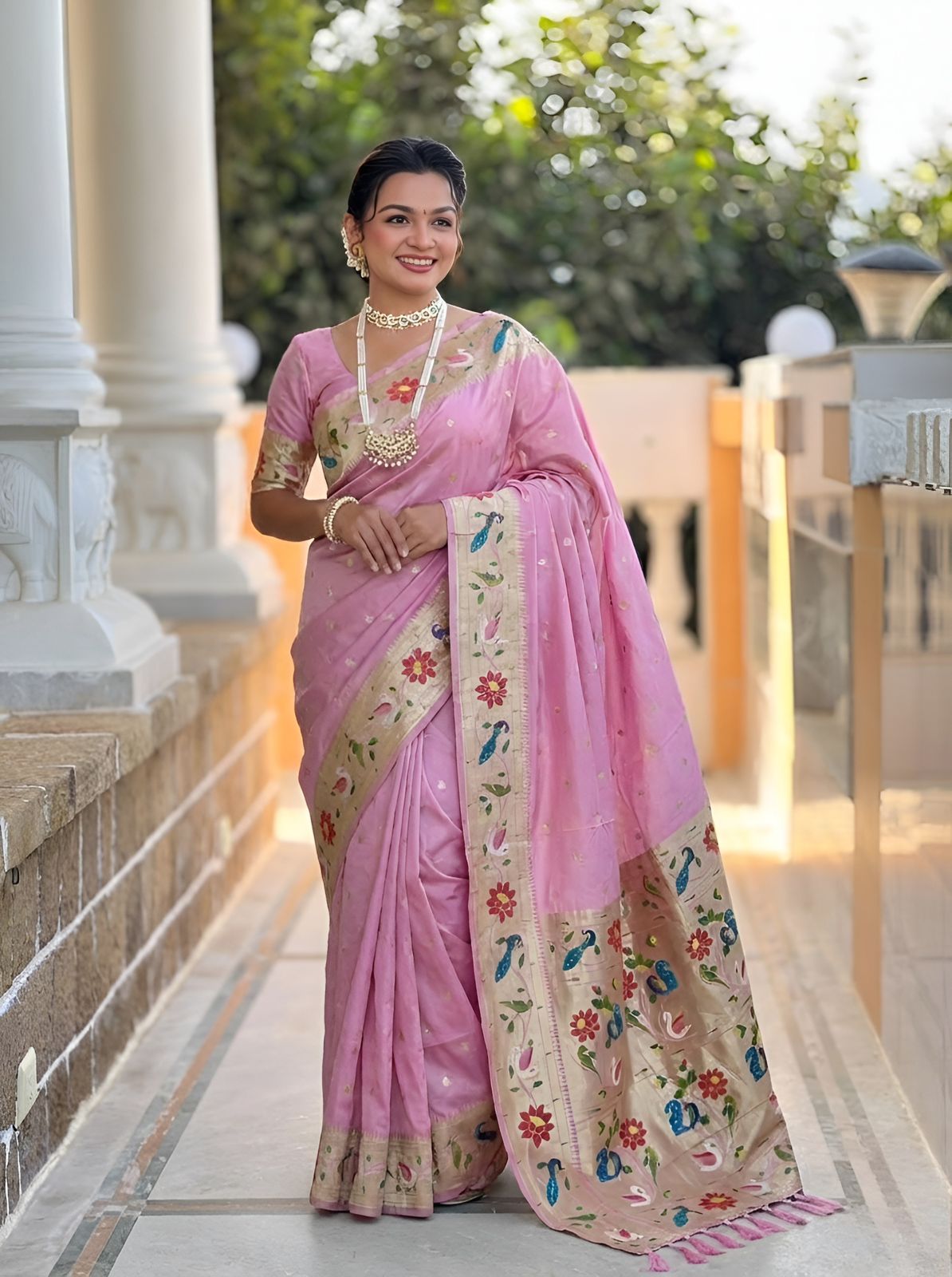 Admirable Pink Paithani Silk Saree With Chatoyant Blouse Piece