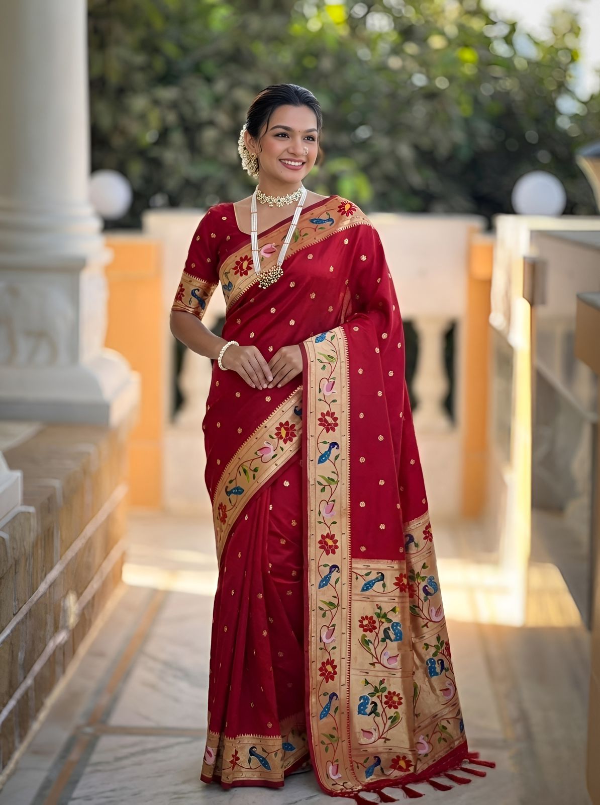 Profuse Red Paithani Silk Saree With Enchanting Blouse Piece