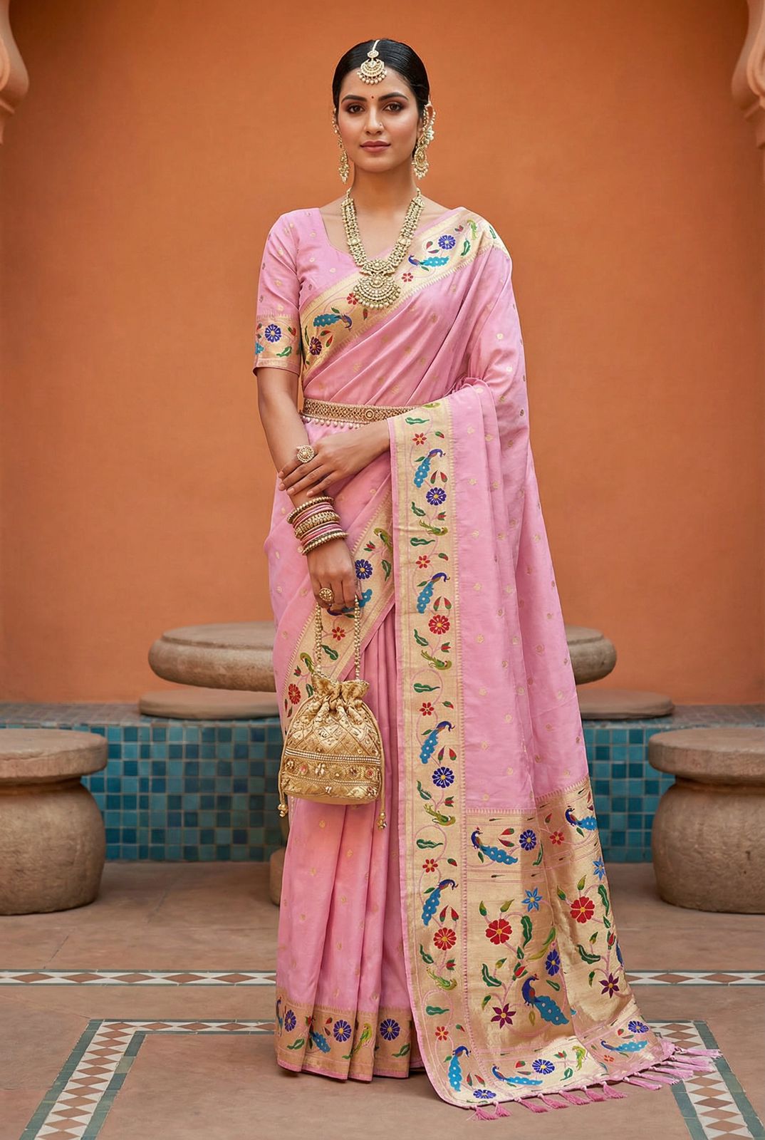 Resonant Baby Pink Paithani Silk Saree With Mellifluous Blouse Piece