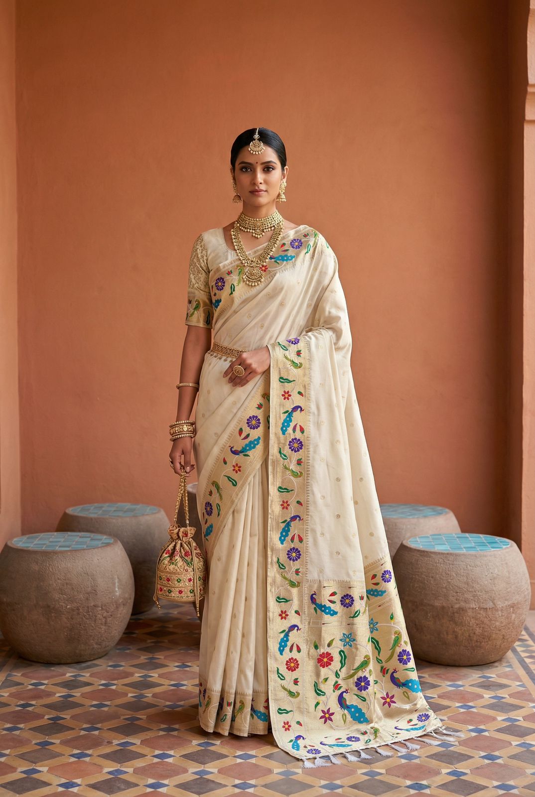Refreshing Beige Paithani Silk Saree With Exuberant Blouse Piece