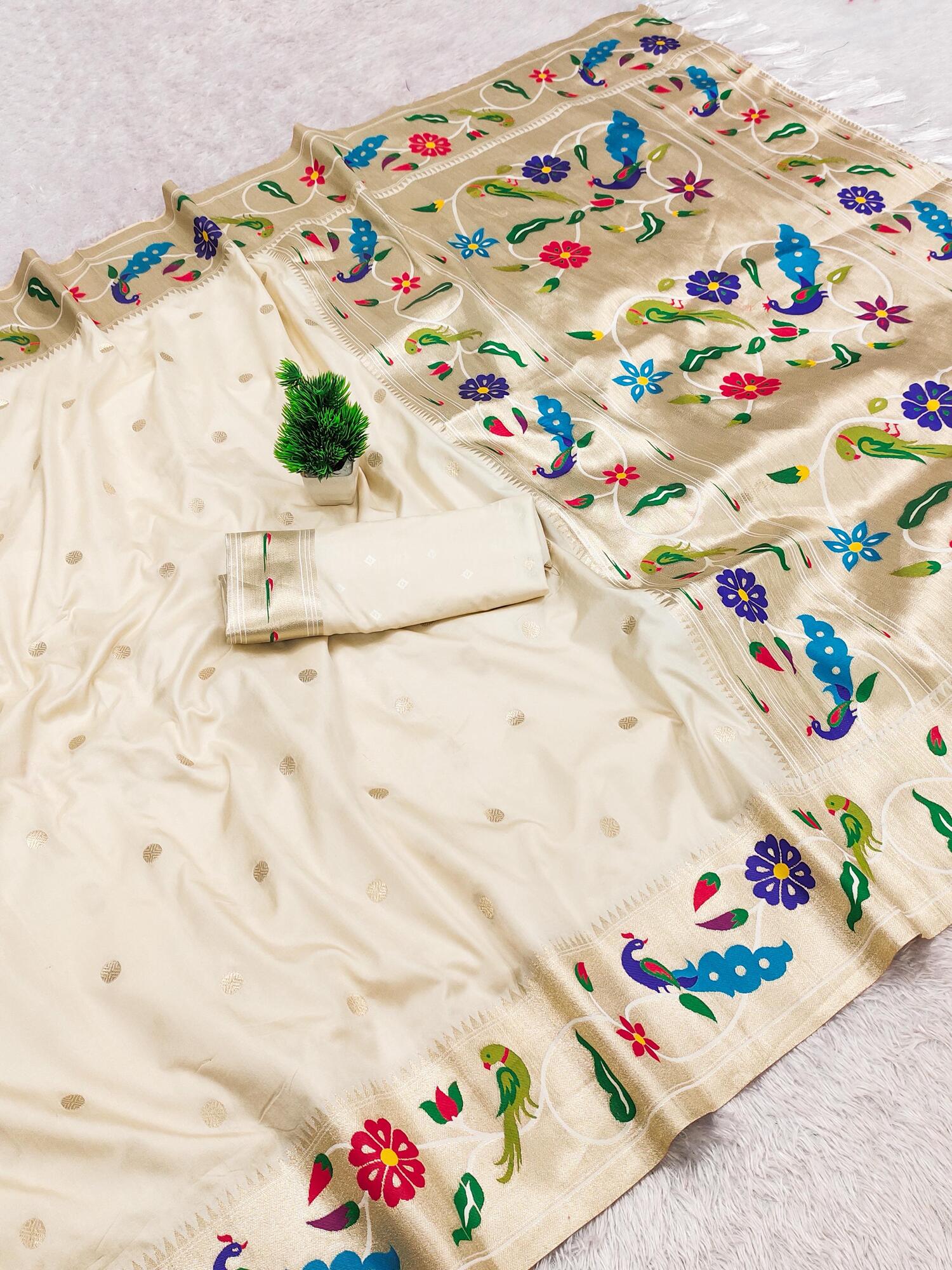 Refreshing Beige Paithani Silk Saree With Exuberant Blouse Piece