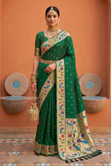 Ratatouille Dark Green Paithani Silk Saree With Gorgeous Blouse Piece