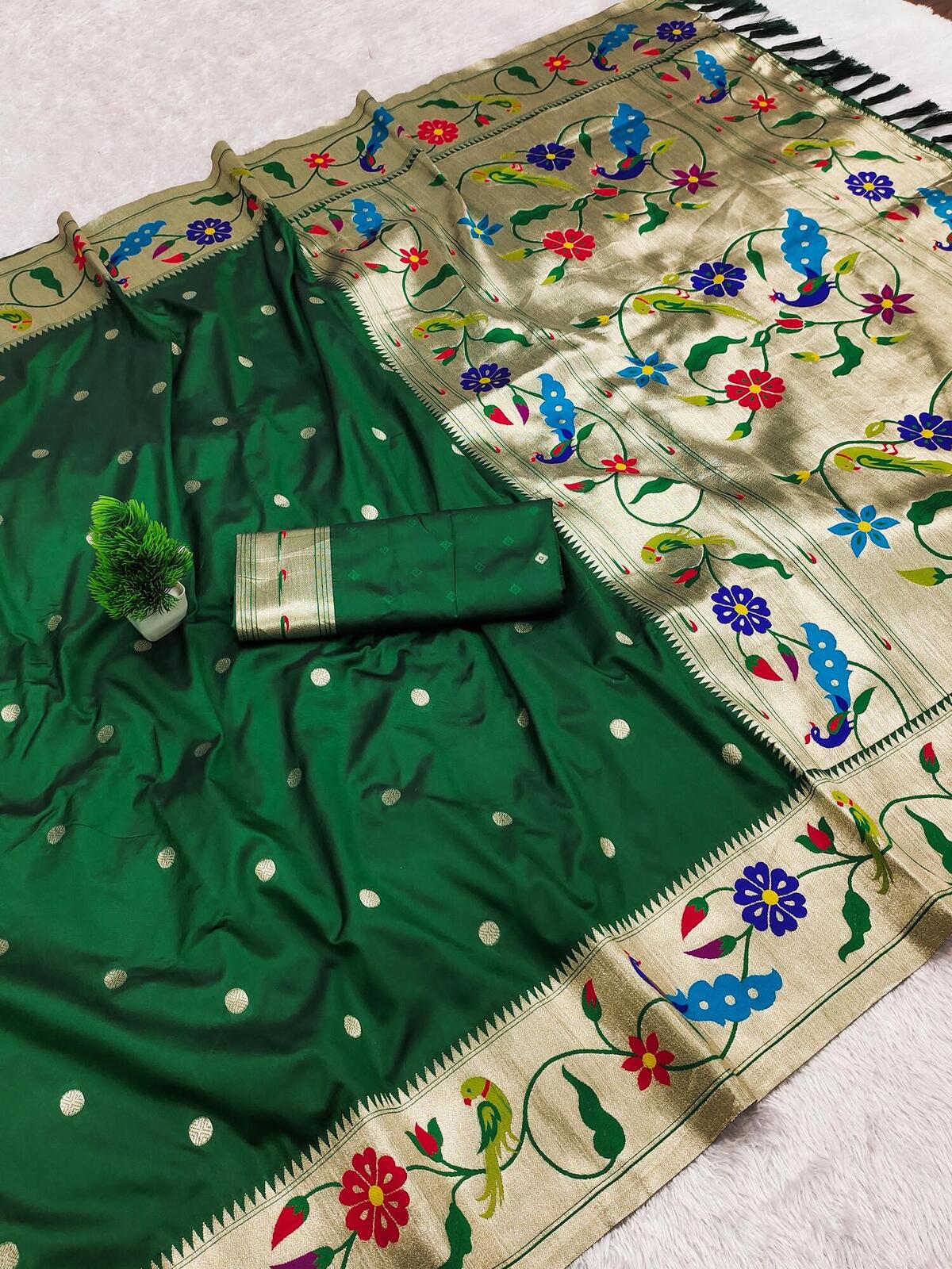 Ratatouille Dark Green Paithani Silk Saree With Gorgeous Blouse Piece