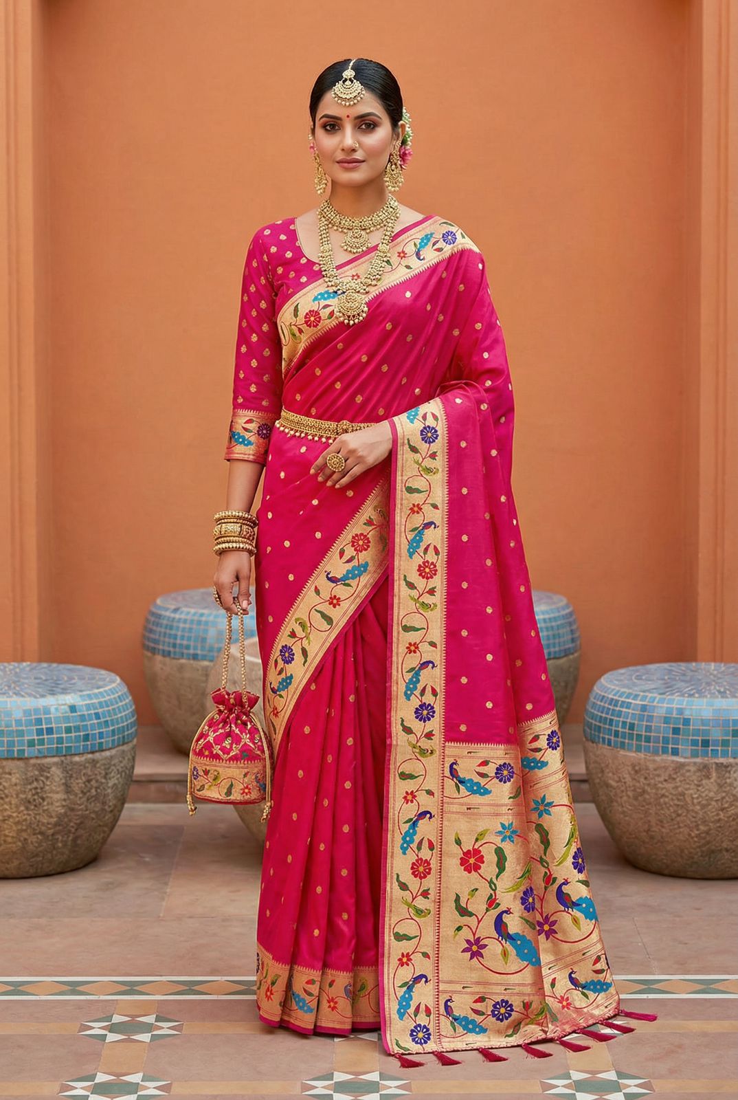 Seraglio Dark Pink Paithani Silk Saree With Stylish Blouse Piece