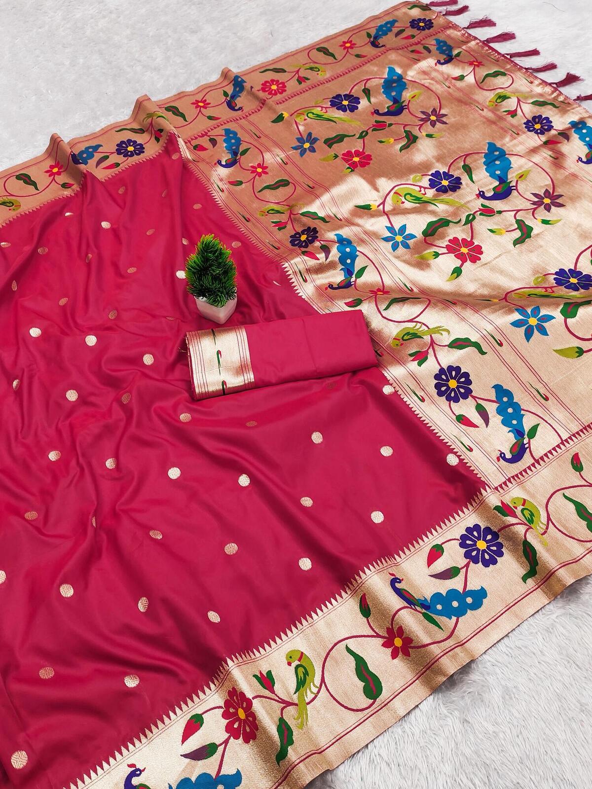 Seraglio Dark Pink Paithani Silk Saree With Stylish Blouse Piece