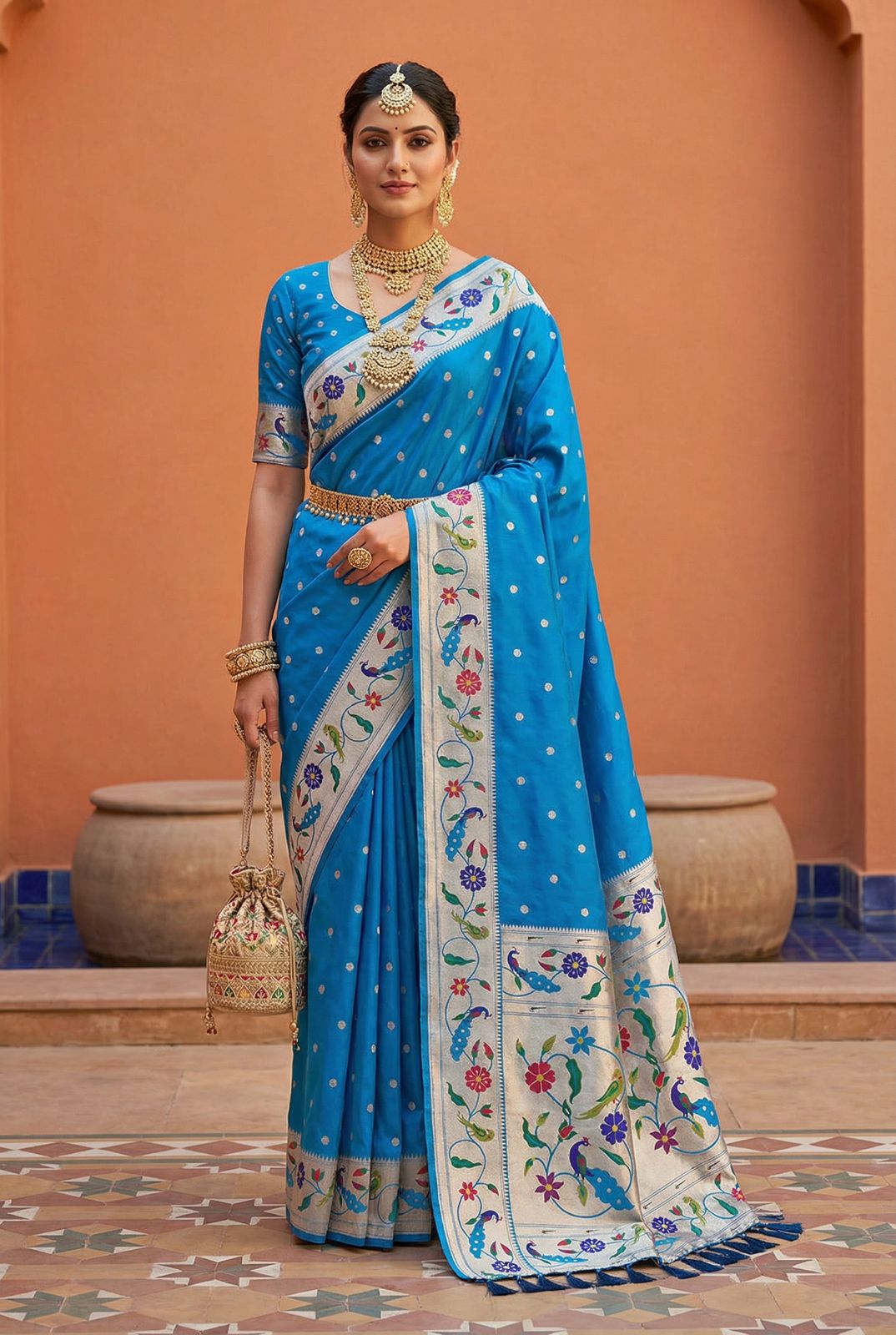Demesne Firozi Paithani Silk Saree With Skinny Blouse Piece