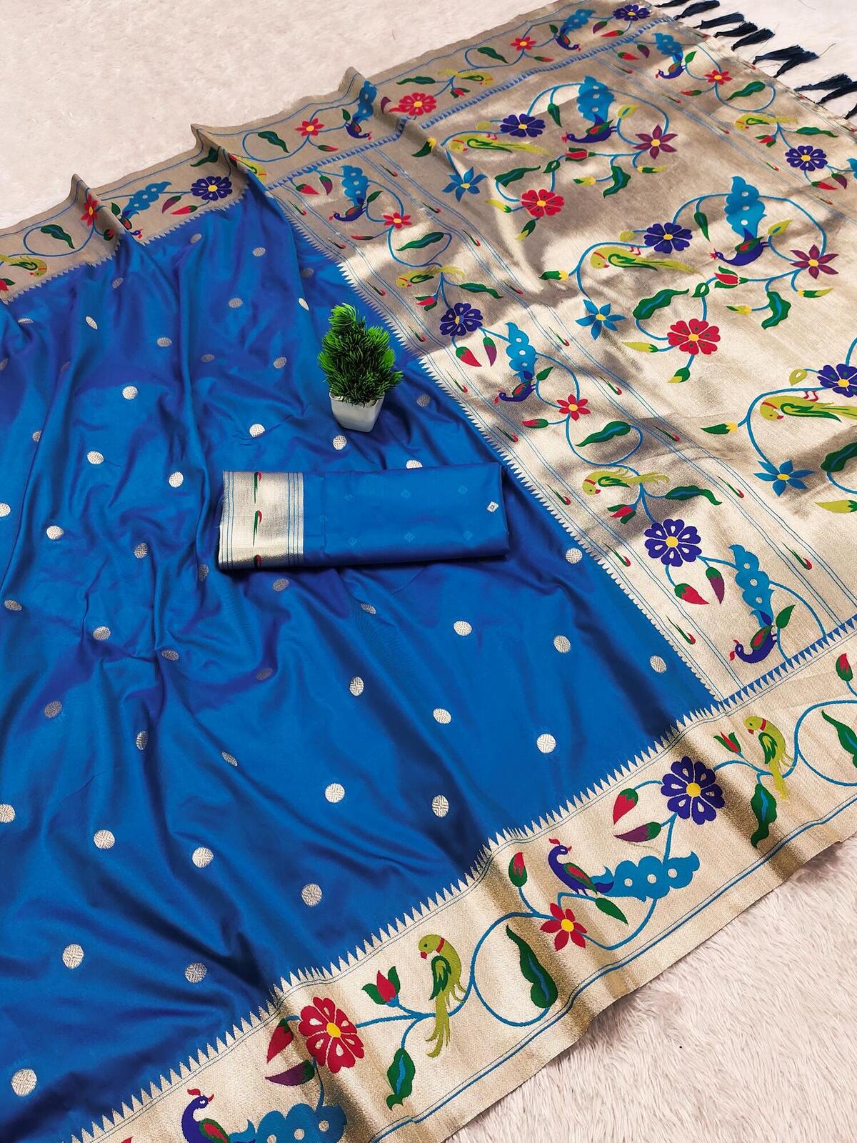 Demesne Firozi Paithani Silk Saree With Skinny Blouse Piece