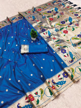 Demesne Firozi Paithani Silk Saree With Skinny Blouse Piece