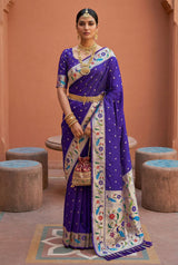 Pulsating Navy Blue Paithani Silk Saree With Efflorescence Blouse Piece