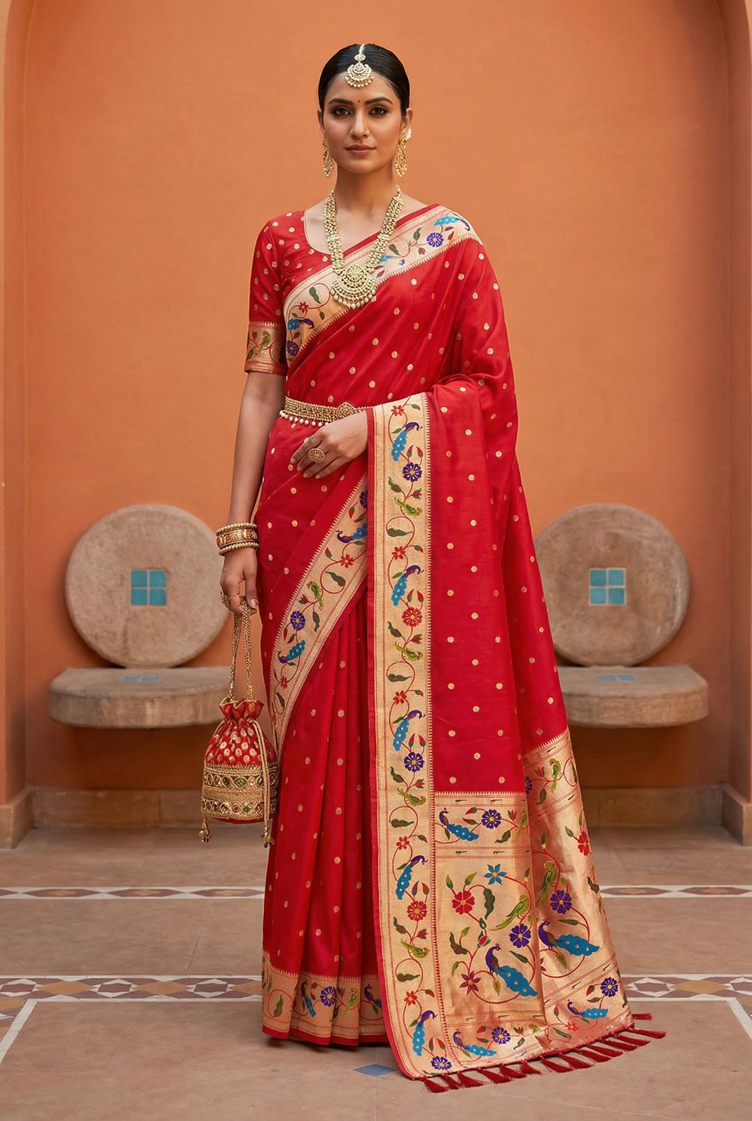 Transcendent Red Paithani Silk Saree With Beautiful Blouse Piece