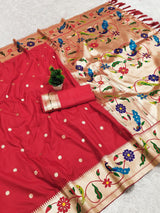 Transcendent Red Paithani Silk Saree With Beautiful Blouse Piece