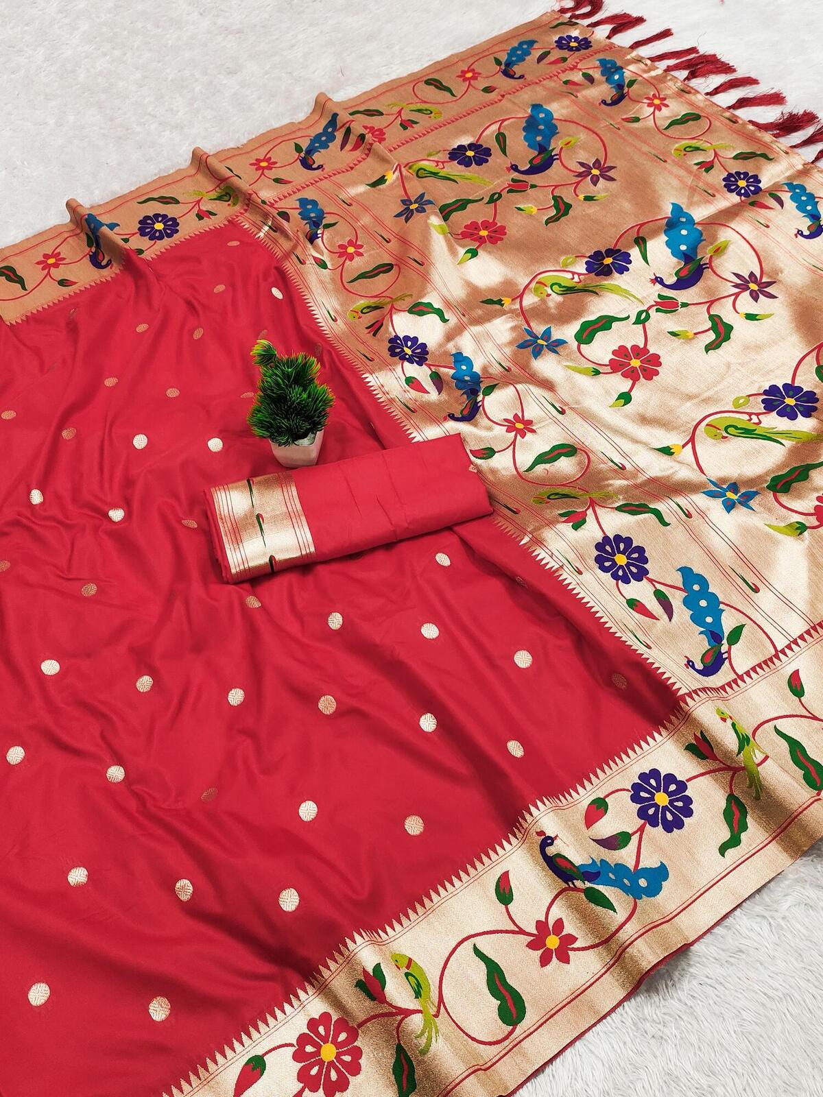 Transcendent Red Paithani Silk Saree With Beautiful Blouse Piece