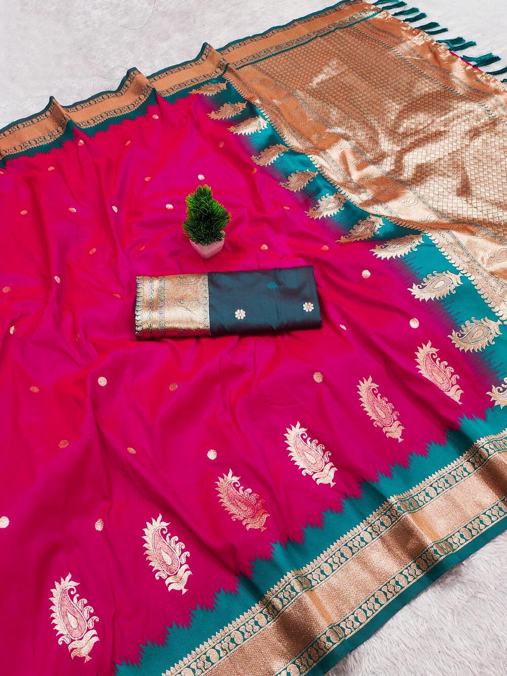 Prodigal Dark Pink Pure Zari Weaving Banarasi Silk Saree With Enigmatic Blouse Piece