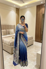 Marvellous Blue Viscose Dola Silk Saree With Smart Blouse Piece
