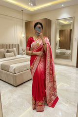 Charming Red Viscose Dola Silk Saree With Opulent Blouse Piece