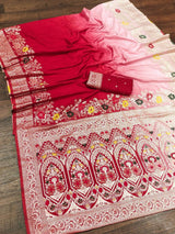 Charming Red Viscose Dola Silk Saree With Opulent Blouse Piece