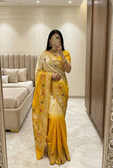Artistic Yellow Viscose Dola Silk Saree With Dazzling Blouse Piece