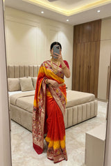 Beleaguer Red Banarasi Dola Silk Saree With Effulgent Blouse Piece