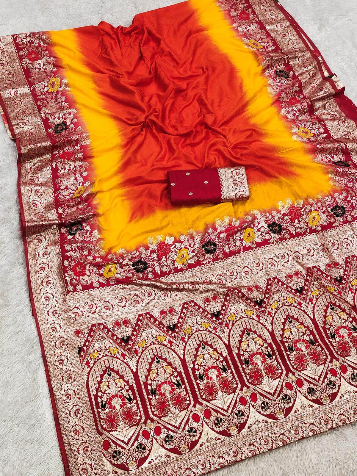 Beleaguer Red Banarasi Dola Silk Saree With Effulgent Blouse Piece