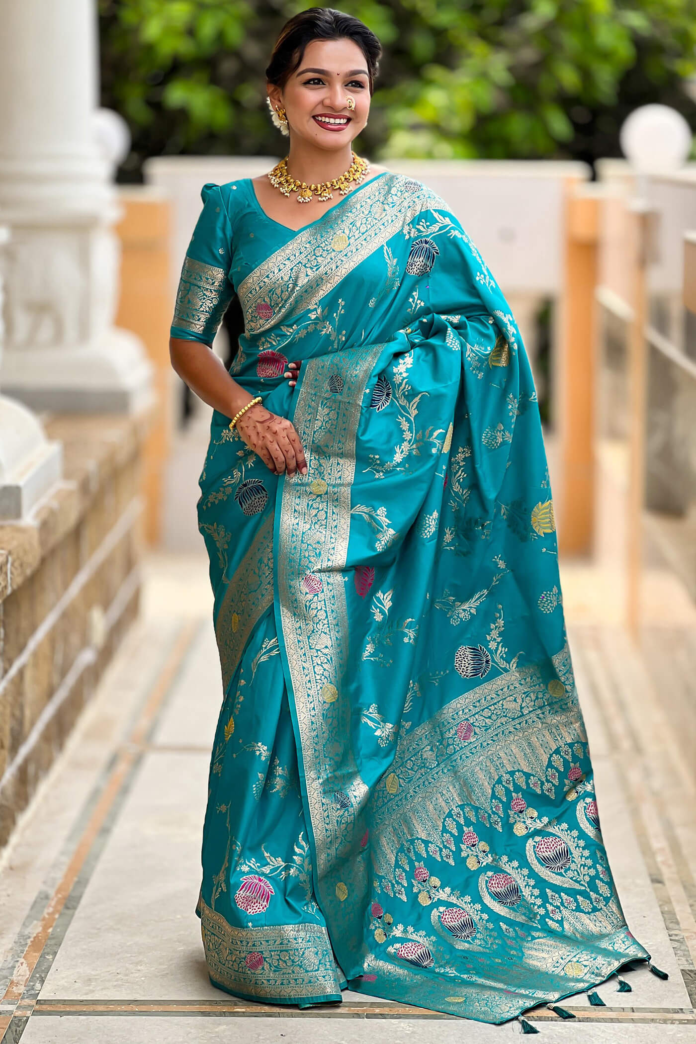 Breathtaking Firozi Pure Zari Weaving Banarasi Silk Saree With Desiring Blouse Piece