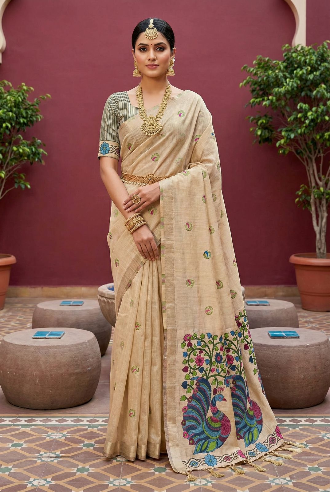 Forbearance Beige Pure Munga Cotton Silk Saree With Felicitous Blouse Piece