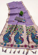 Winsome Lavender Pure Munga Cotton Silk Saree With Enamoring Blouse Piece
