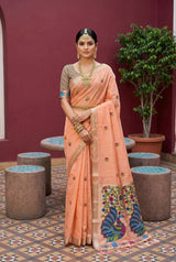 Sizzling Peach Pure Munga Cotton Silk Saree With Quixotic Blouse Piece