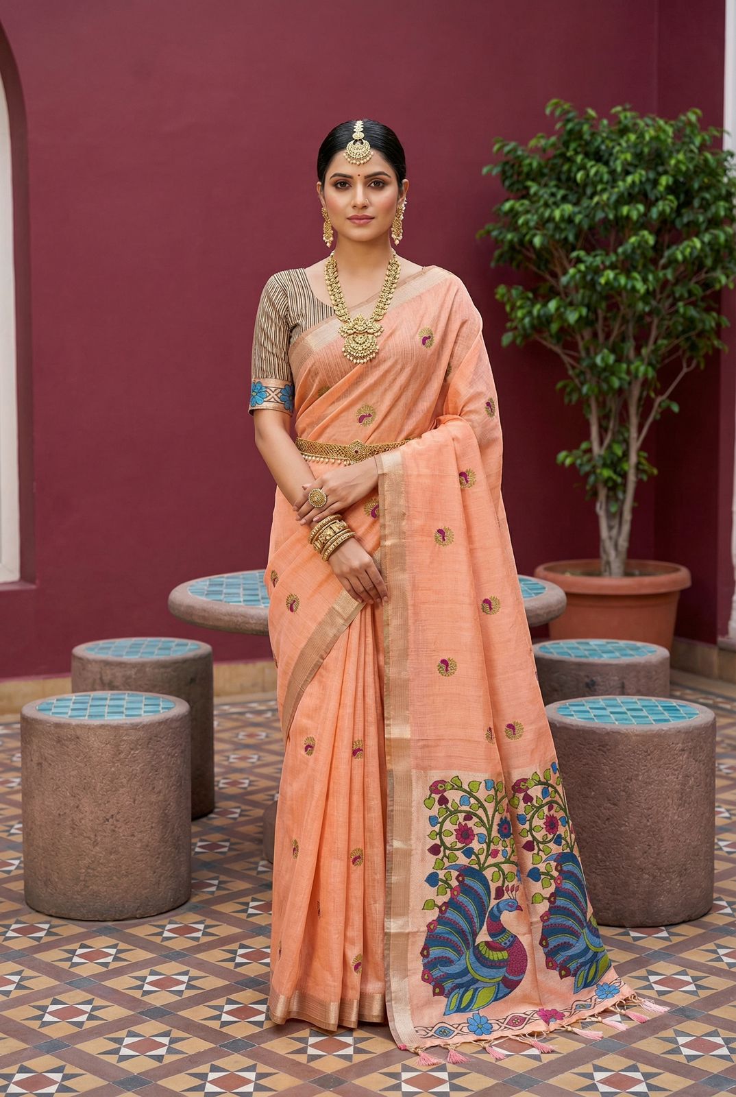 Sizzling Peach Pure Munga Cotton Silk Saree With Quixotic Blouse Piece