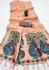 Sizzling Peach Pure Munga Cotton Silk Saree With Quixotic Blouse Piece