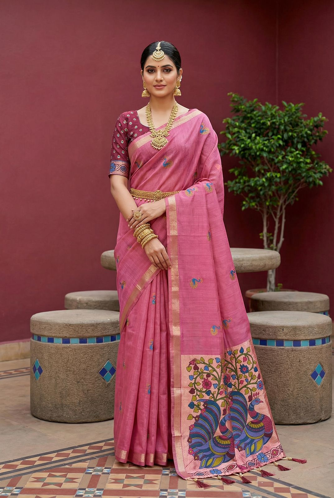 Transcendent Pink Pure Munga Cotton Silk Saree With Elegant Blouse Piece