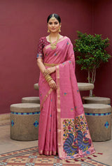 Transcendent Pink Pure Munga Cotton Silk Saree With Elegant Blouse Piece