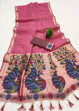 Transcendent Pink Pure Munga Cotton Silk Saree With Elegant Blouse Piece