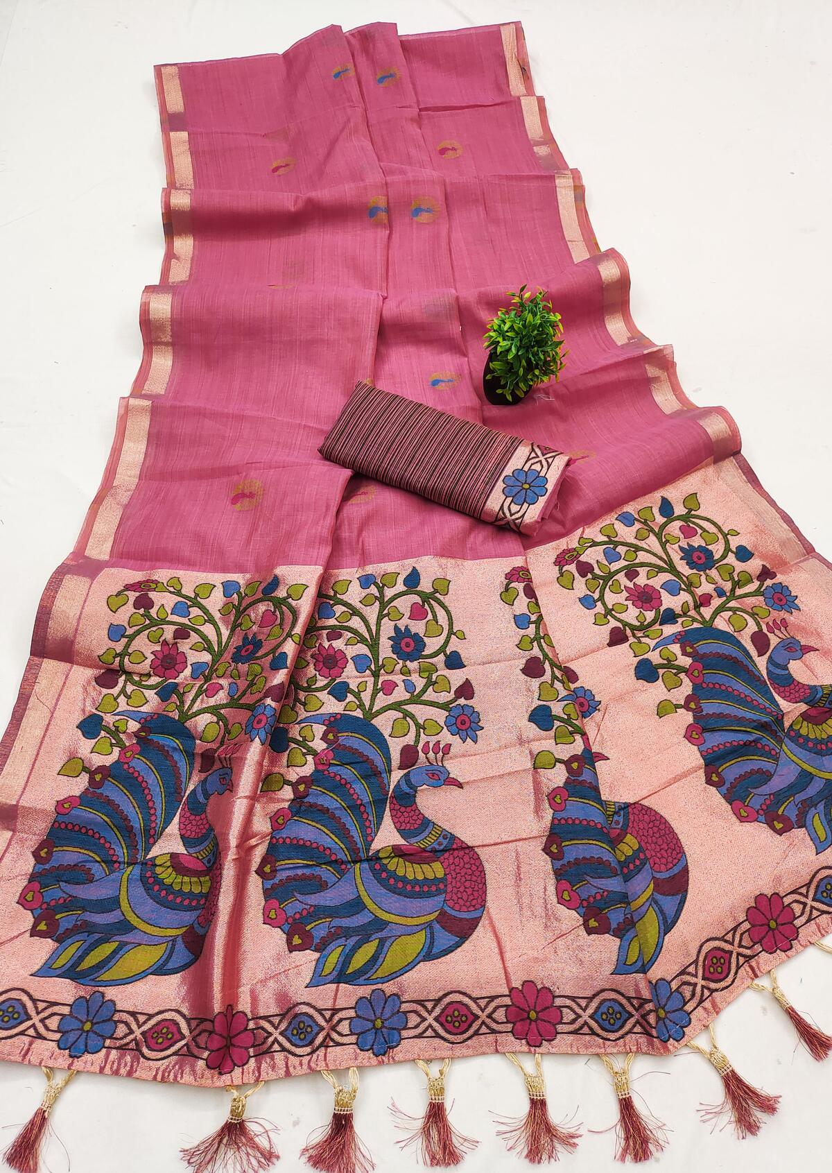Transcendent Pink Pure Munga Cotton Silk Saree With Elegant Blouse Piece