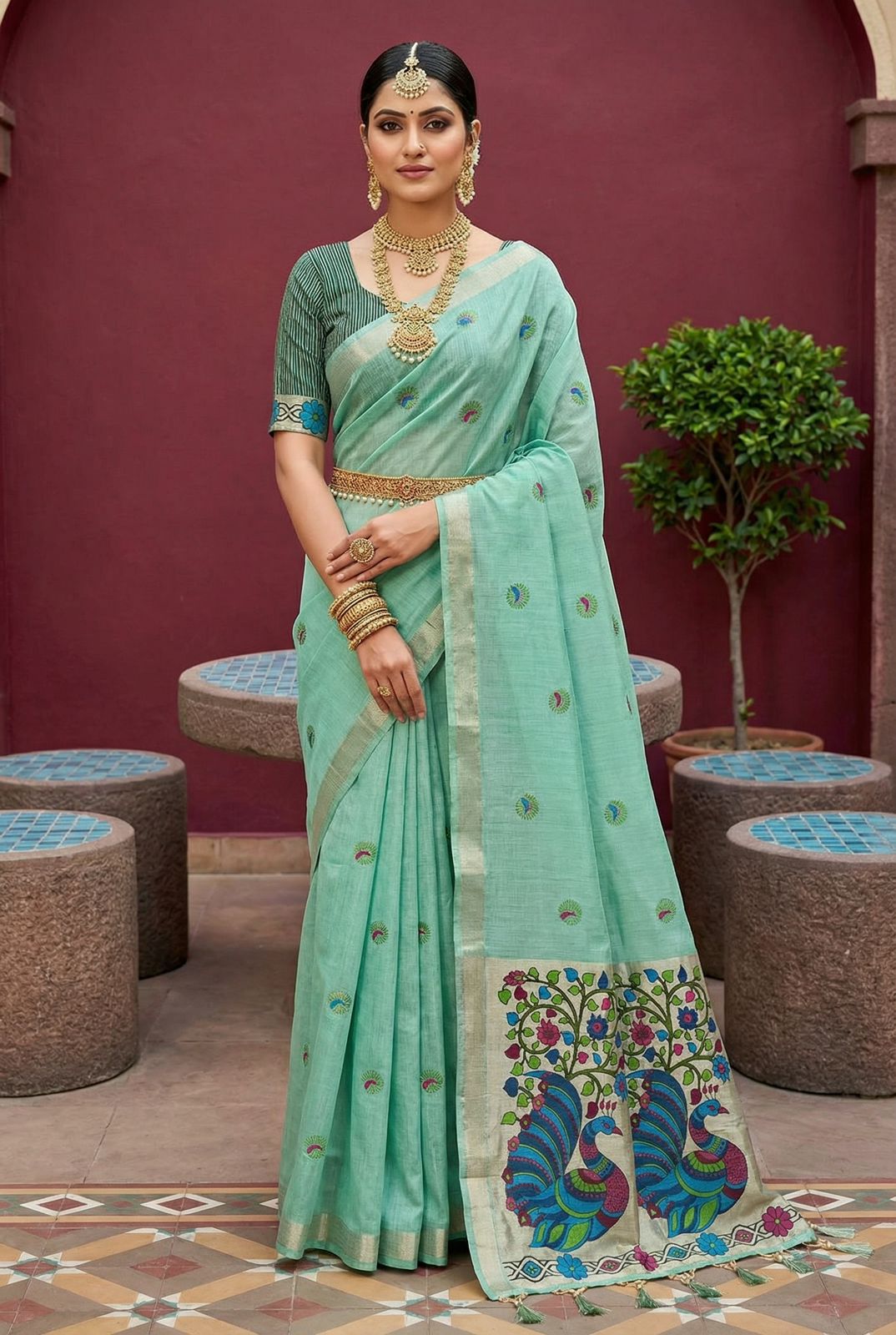 Gratifying Sea Green Pure Munga Cotton Silk Saree With Serendipity Blouse Piece