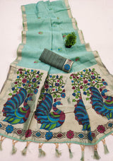 Gratifying Sea Green Pure Munga Cotton Silk Saree With Serendipity Blouse Piece