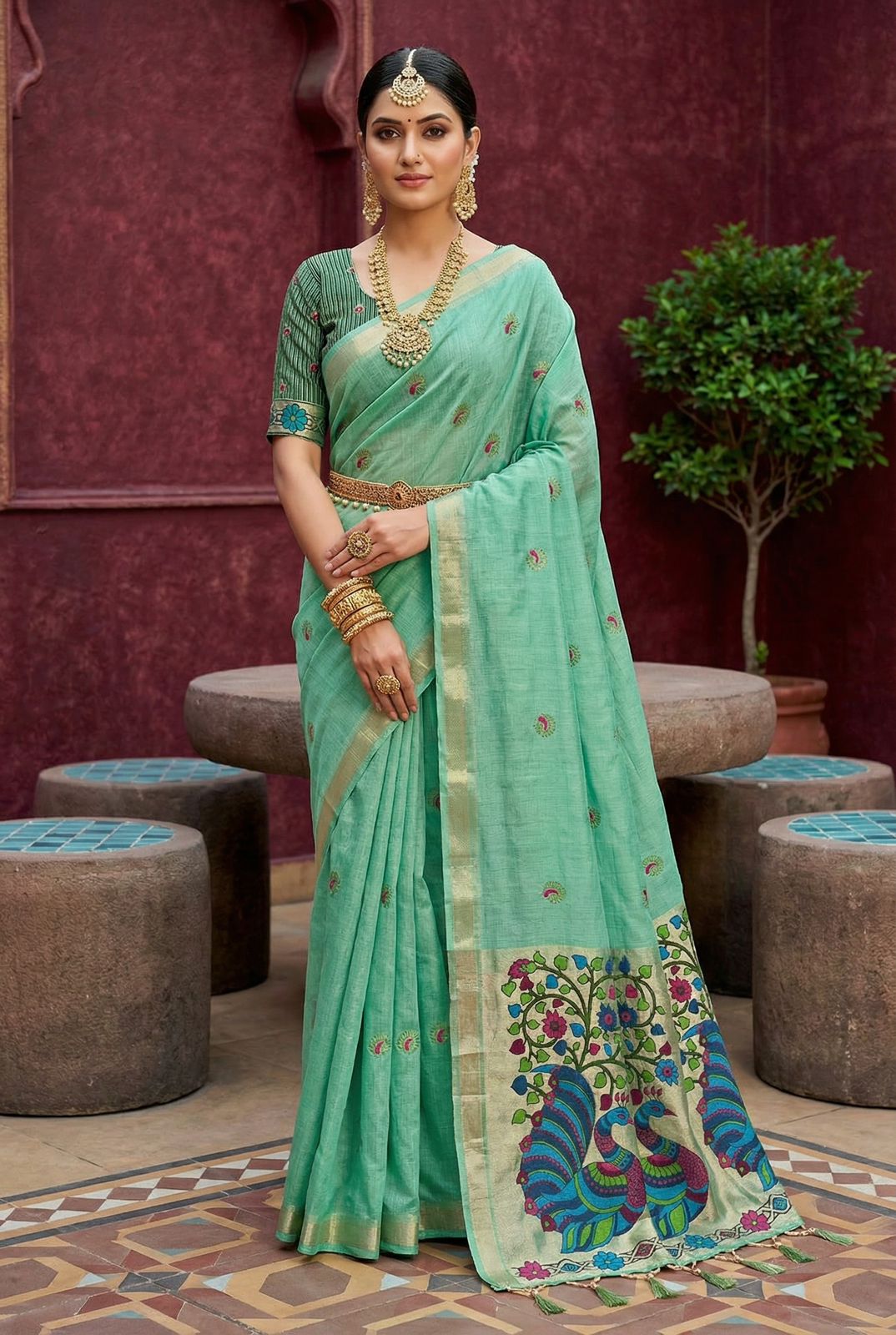 Staring Turquoise Pure Munga Cotton Silk Saree With Precious Blouse Piece