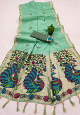 Staring Turquoise Pure Munga Cotton Silk Saree With Precious Blouse Piece