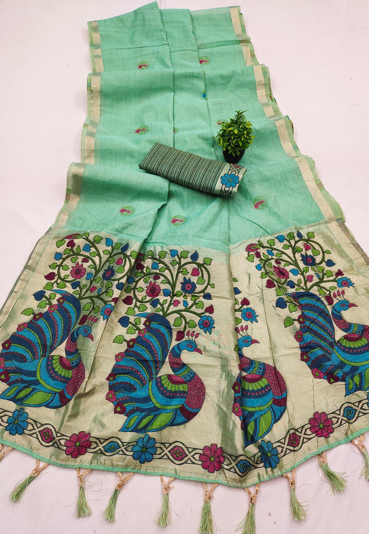 Staring Turquoise Pure Munga Cotton Silk Saree With Precious Blouse Piece